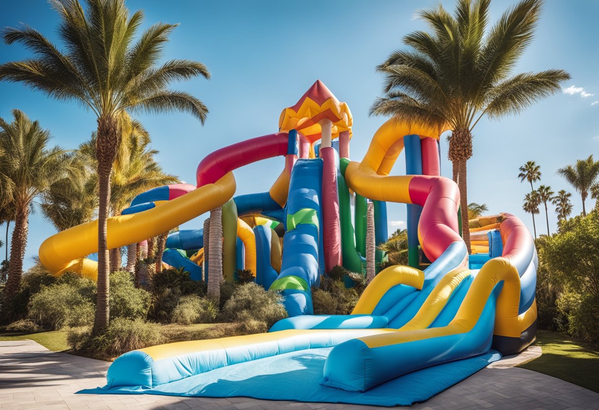 A colorful array of inflatable water slides displayed in a sunny outdoor setting with palm trees and a clear blue sky in the background