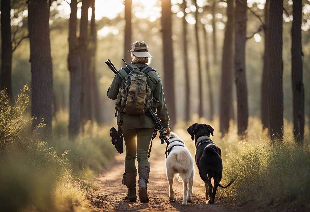 A female hunter in Texas tracking game through a wooded area, rifle in hand, with a guide dog by her side