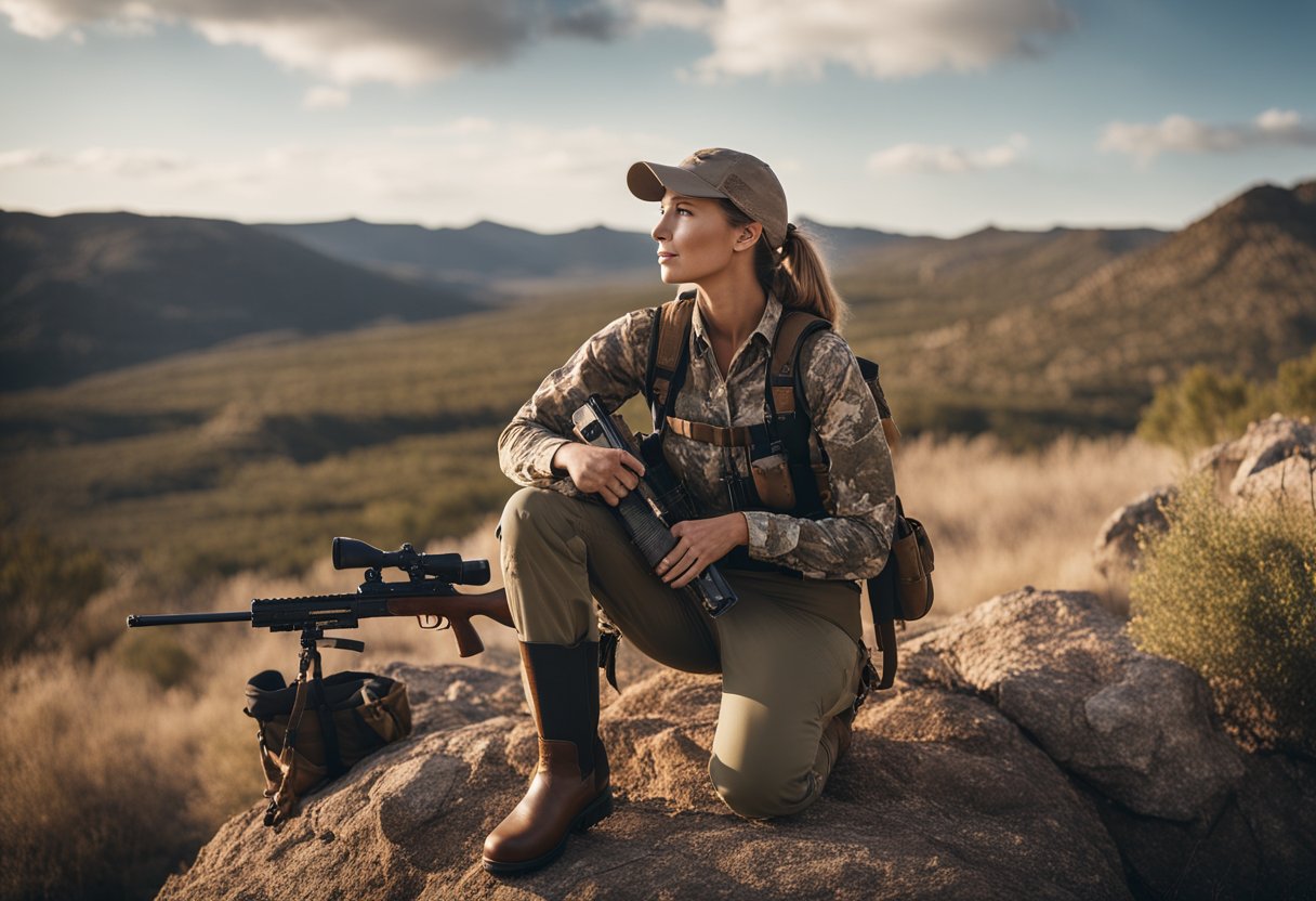 A Texas woman in hunting gear, holding a rifle, surrounded by wildlife and rugged terrain