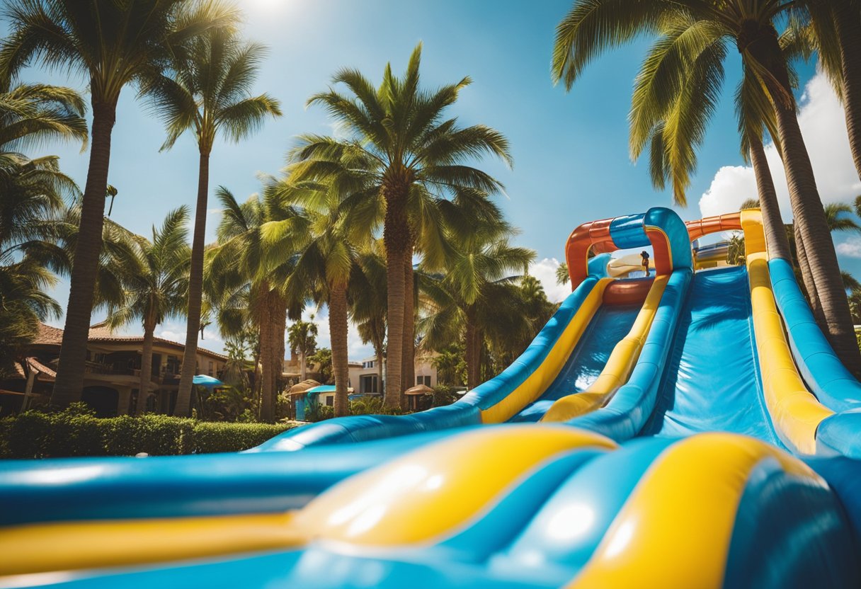 A colorful water slide stands tall against a sunny blue sky, surrounded by palm trees and excited children playing in the water below