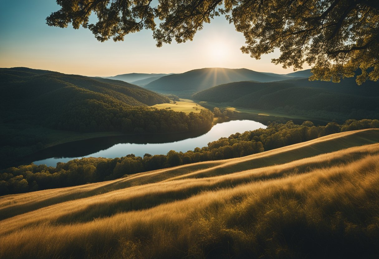 A vast, open landscape with rolling hills, dense forests, and a clear, winding river. The sky is a vibrant blue with scattered clouds, and the sun casts a warm, golden light over the scene