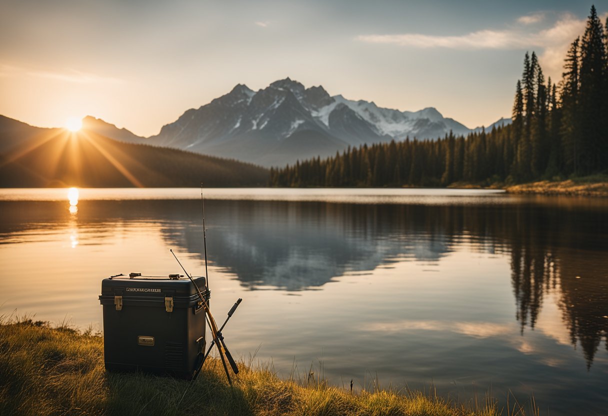 A serene lake surrounded by towering mountains, with a fishing rod and tackle box at the water's edge. The sun is setting, casting a warm glow over the scene
