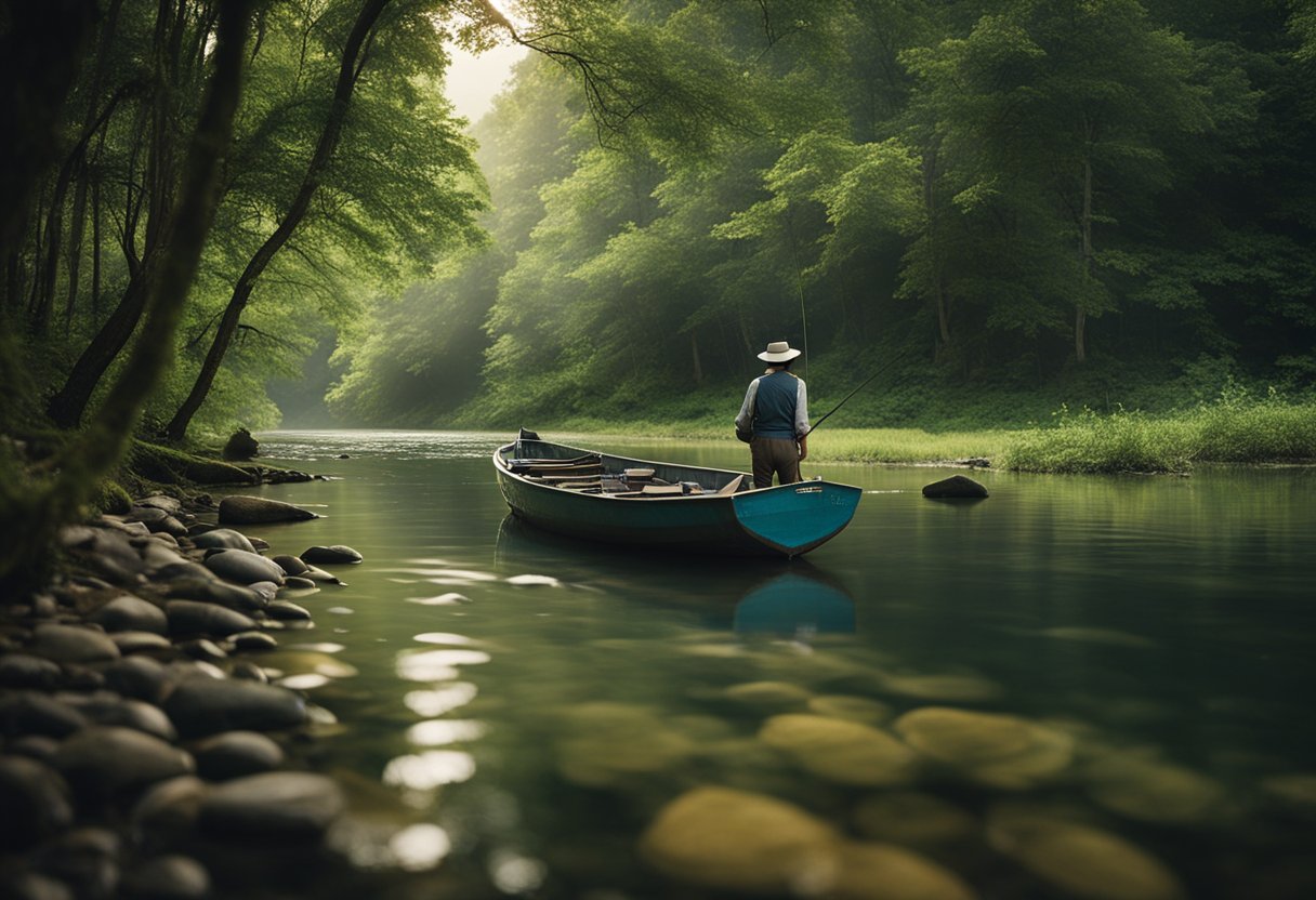 A serene river flowing through a lush forest, with a lone fishing boat and a woman's fishing gear laid out on the shore