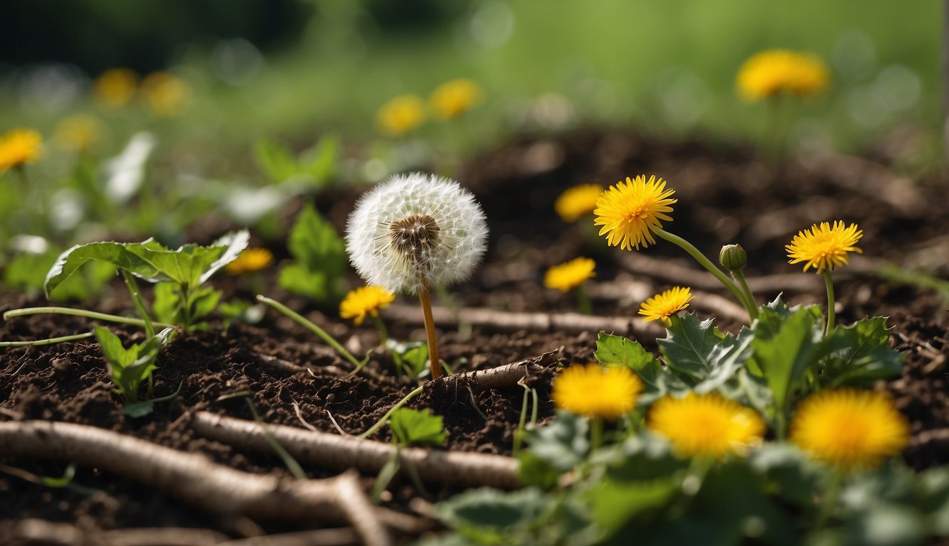 A dandelion root is being harvested from the ground, surrounded by vibrant green leaves and yellow flowers. Its medicinal properties are being highlighted
