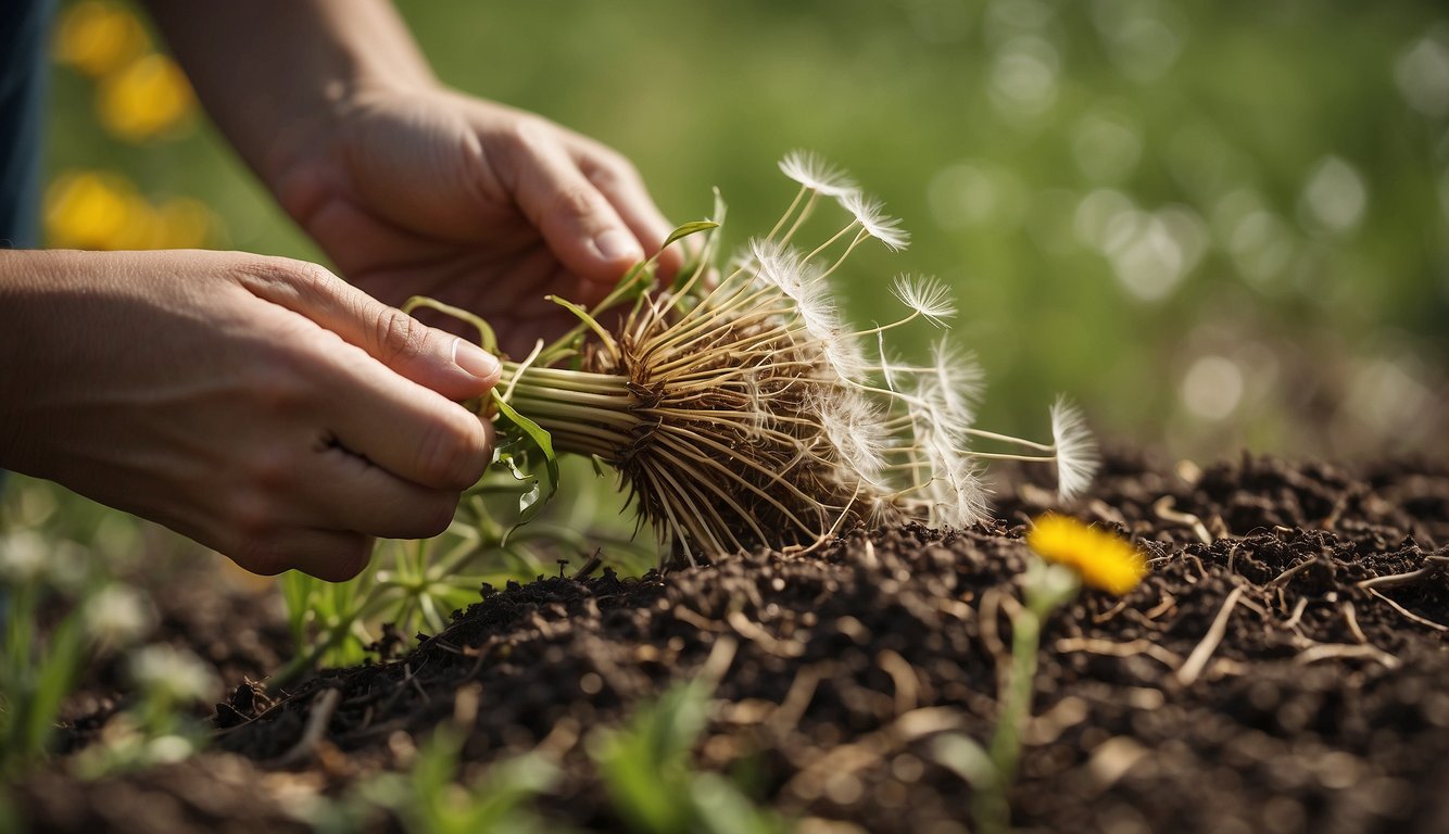 A dandelion root being harvested and prepared for therapeutic use