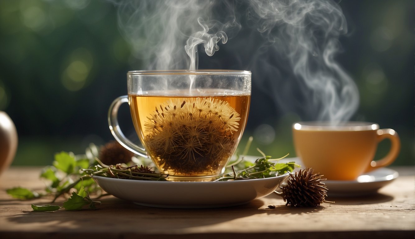 A dandelion root being brewed into tea, with steam rising from the mug and a sense of cleansing and detoxification in the air