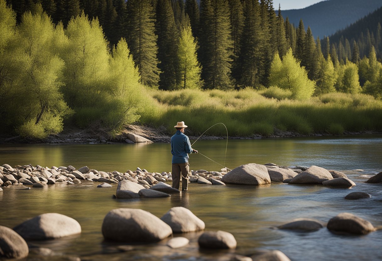 A woman in a fishing hat stands by a serene Montana river, casting her line into the water. A guidebook titled "Frequently Asked Questions: A Montana Woman's Guide to Fishing" rests open on a nearby rock