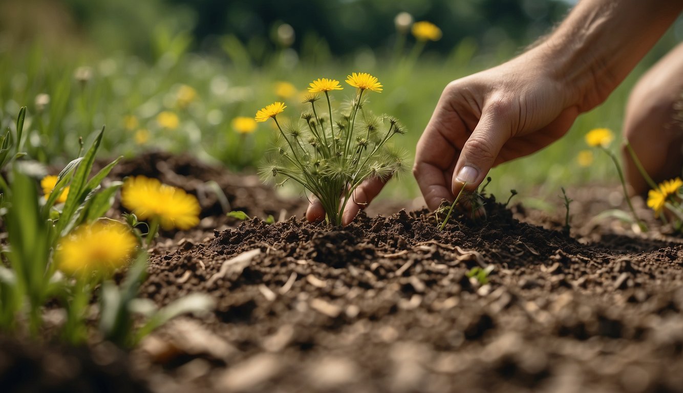 A hand reaching down to pluck a dandelion root from the earth, with the plant's yellow flower and green leaves in the background