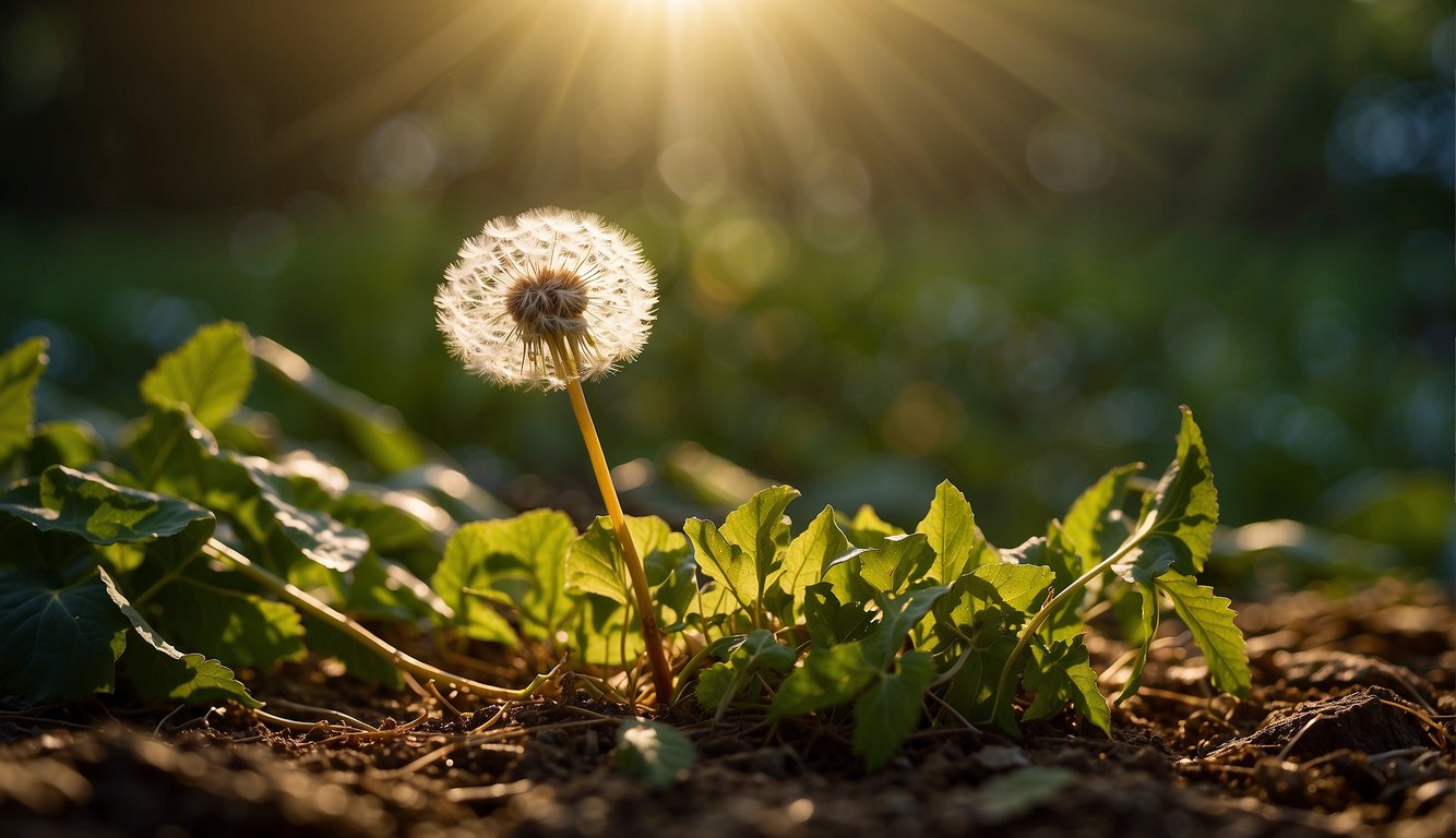 A dandelion root stands tall, surrounded by vibrant green leaves. The sun's rays highlight its golden petals, evoking a sense of health and vitality