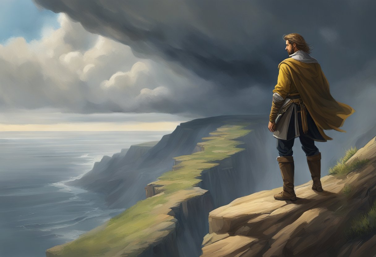 Avon stands at the edge of a cliff, a storm brewing in the distance. What awaits him below? The wind howls, and the tension mounts