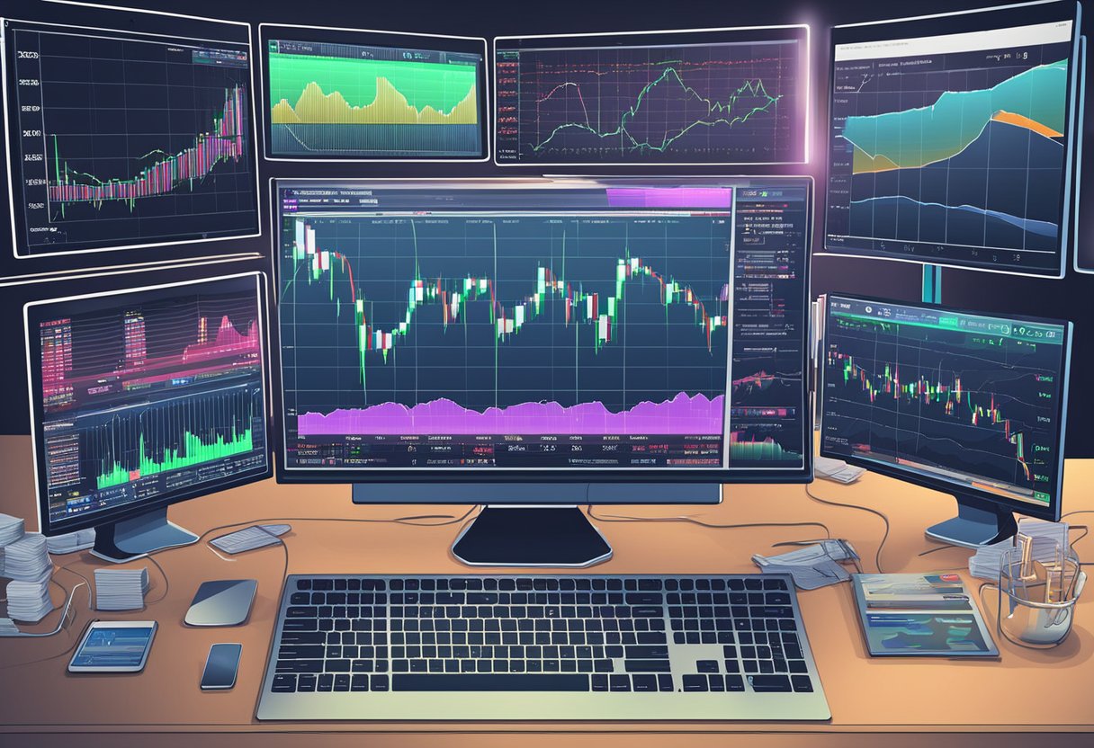 A computer screen displays forex trading charts and data, surrounded by financial news and analysis. Multiple currency symbols and graphs are visible