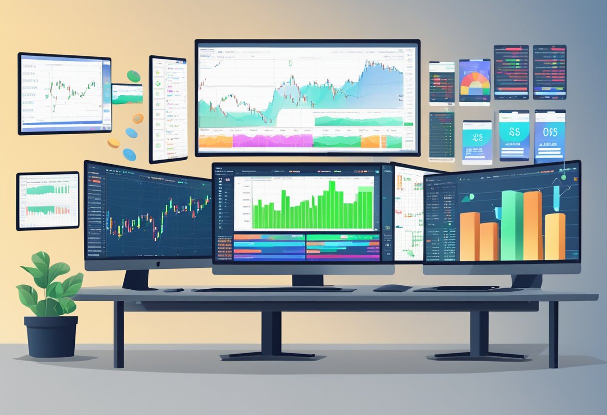 A computer screen displaying forex trading charts and graphs with currency symbols and fluctuating numbers. Multiple screens and a desk with trading tools