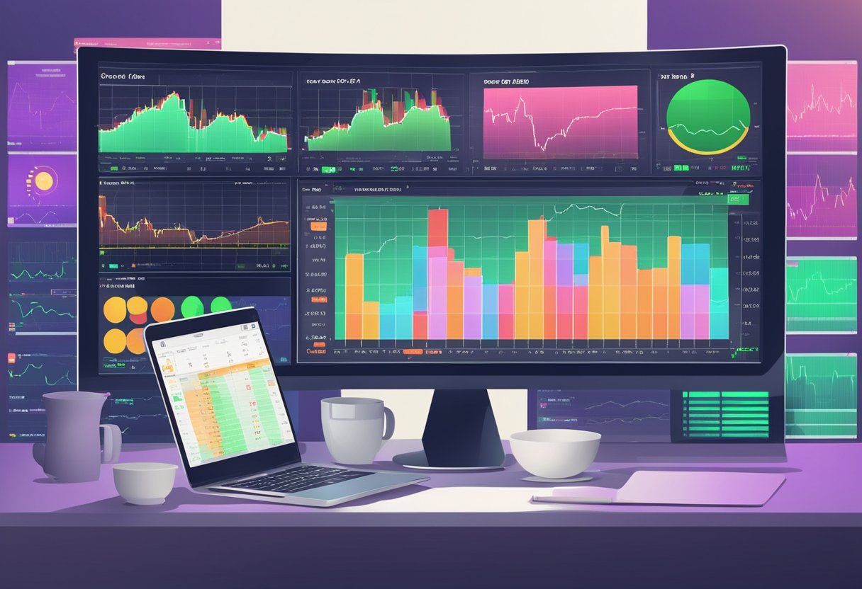 A computer screen displaying live forex trading charts and indicators, with currency pairs fluctuating in real-time. A person's hand is not visible