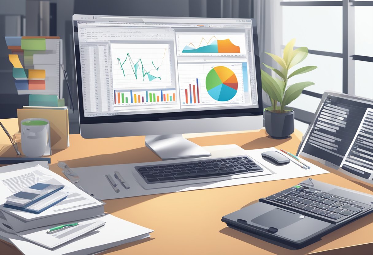 A stack of financial reports and charts, a computer with trading software, and a book on fundamental analysis lay on a desk