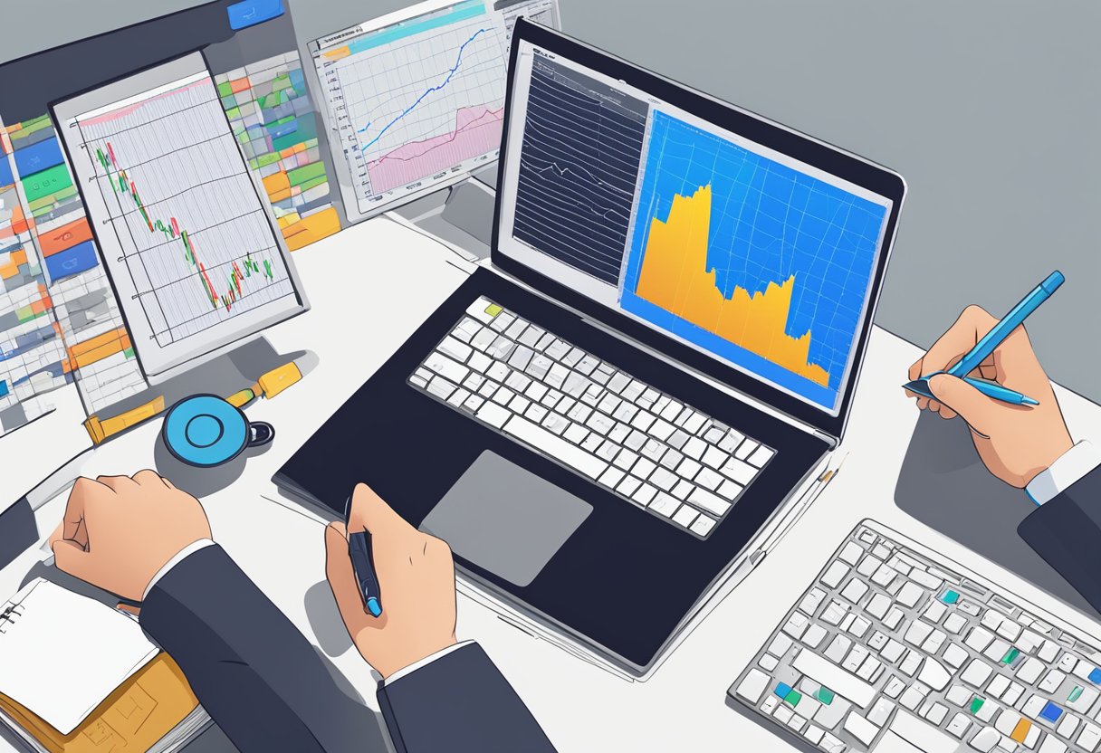 A computer screen displays forex charts, with a person's hand holding a pen and notebook nearby. Multiple currency symbols and graphs are visible