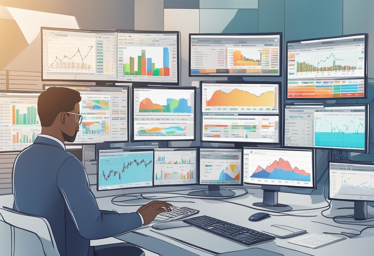 A computer screen displays various currency charts and indicators, with a person's hand typing on a keyboard. Multiple screens show live market data and news updates