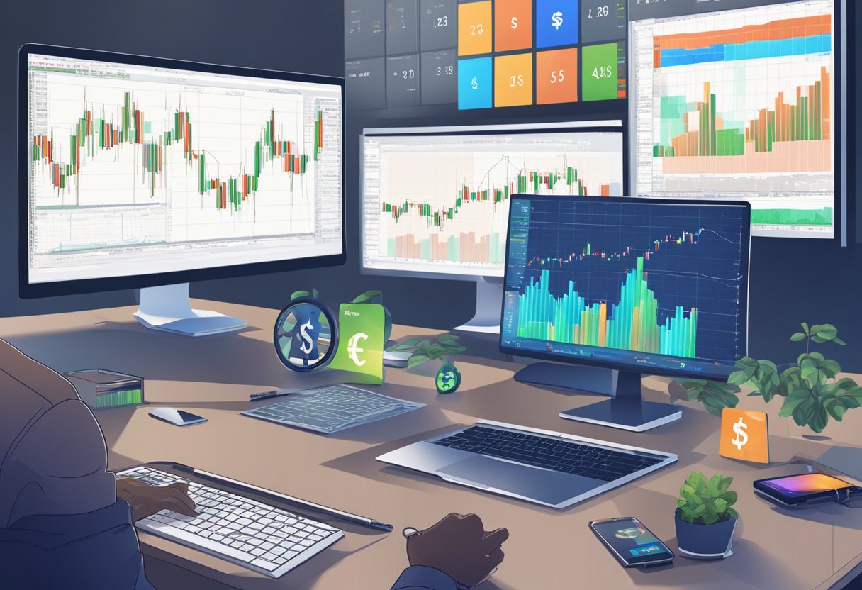 Multiple currency symbols and charts displayed on computer screens with a trader executing trades on a forex trading platform