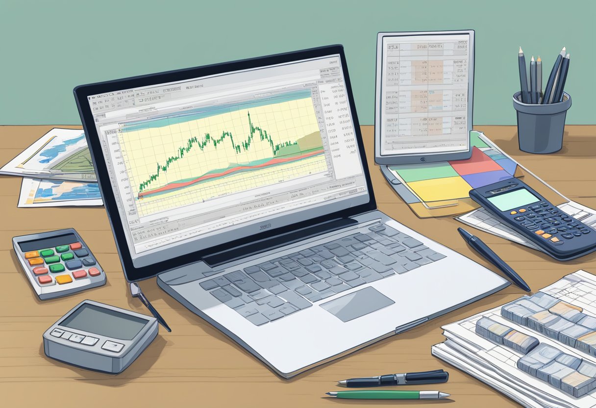 A computer screen displays forex charts and graphs with leverage and margin indicators. A stack of currency notes sits next to a calculator and a pen on a desk