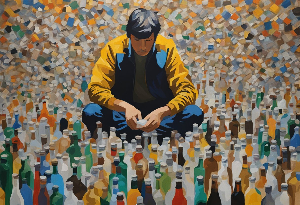 A person surrounded by empty bottles, cigarette butts, and junk food wrappers