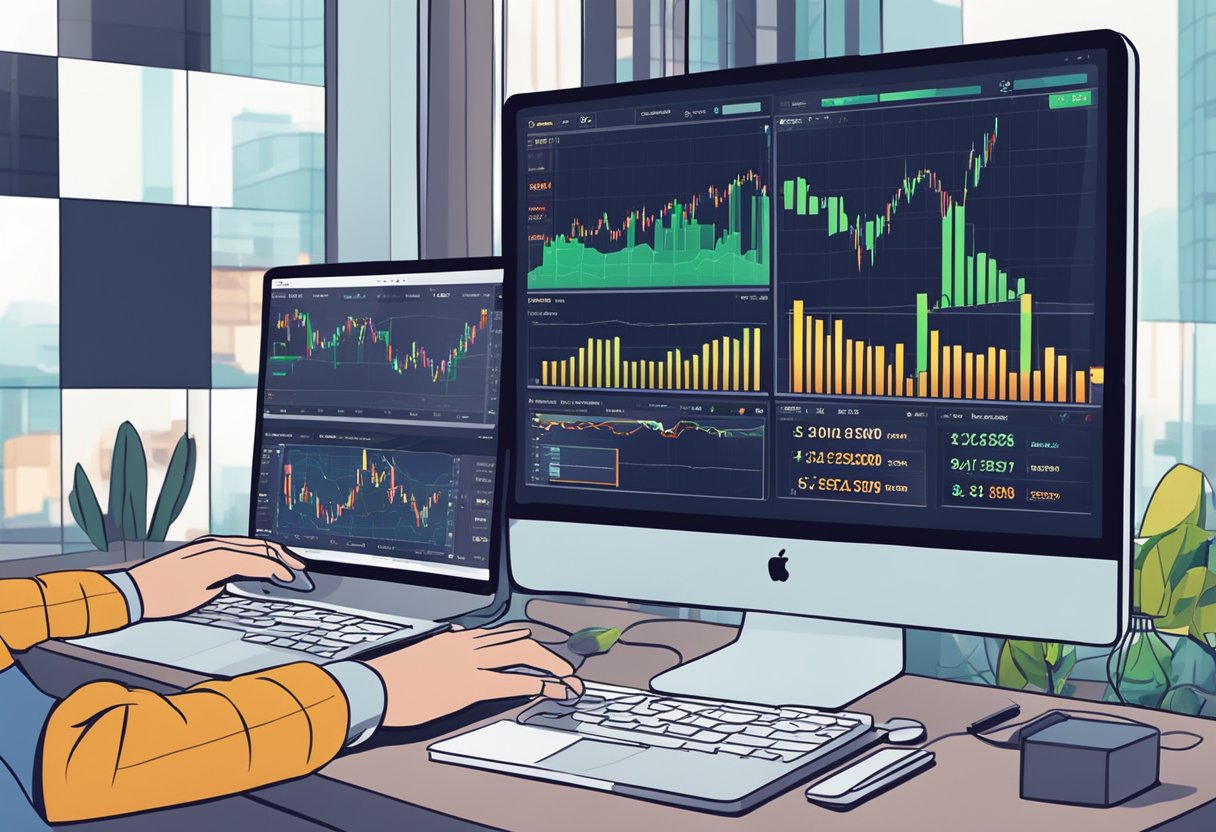 A computer screen displays fluctuating currency charts and trading platforms with various indicators and tools. A person's hand is seen clicking and typing on the keyboard