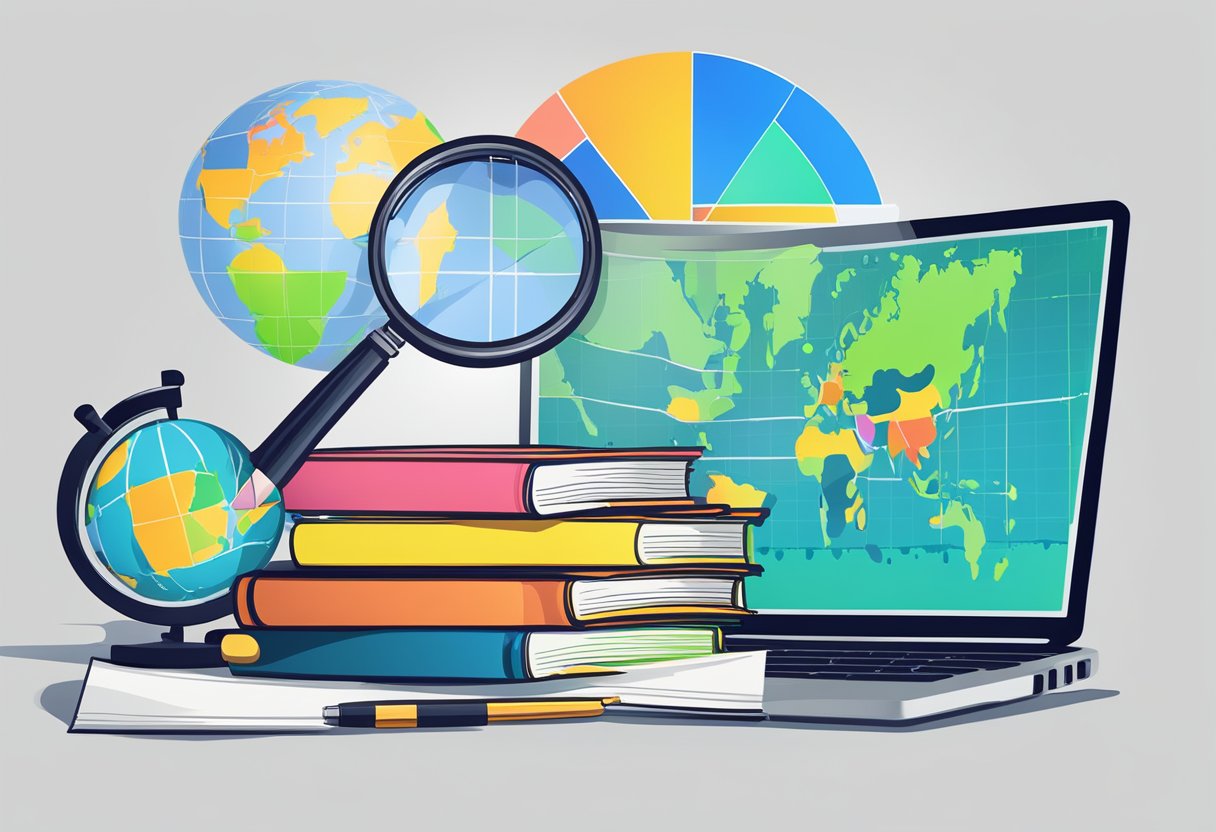 A stack of books on forex trading with a magnifying glass hovering over them, a laptop displaying trading charts, and a globe in the background