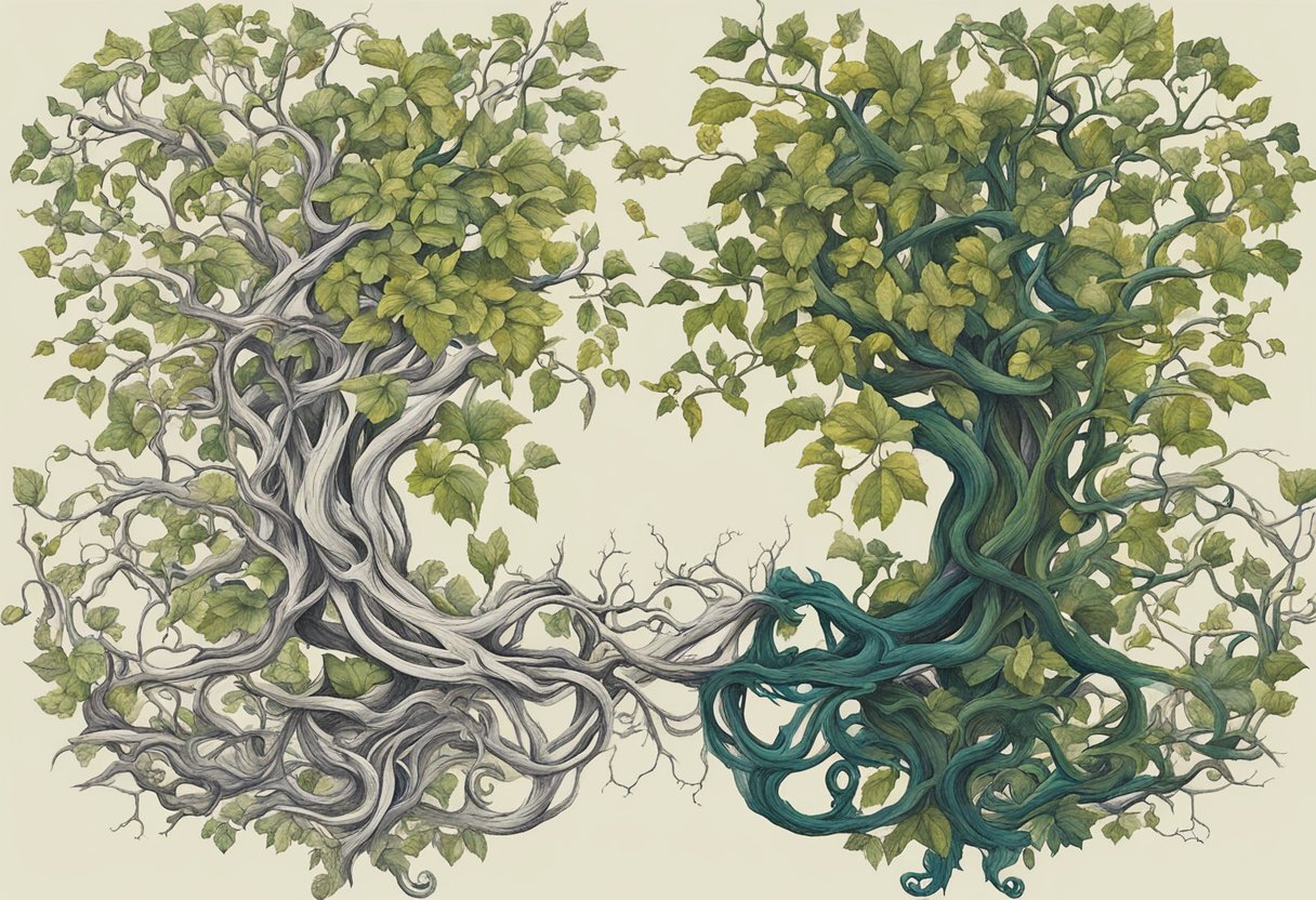 Two intertwined vines, one vibrant and flourishing, the other wilted and decaying. The contrast symbolizes the struggle of a cancer thriver in a toxic relationship