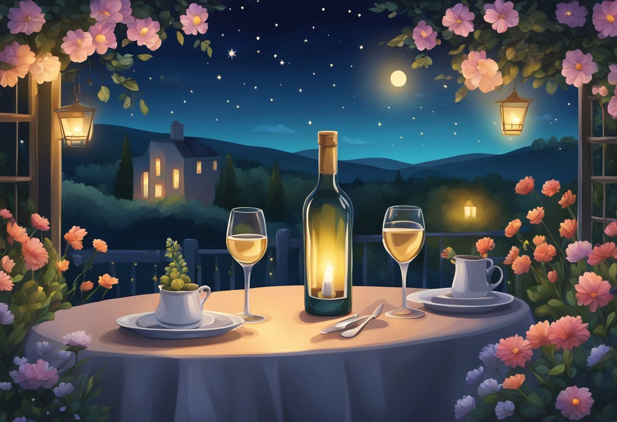 A cozy table set for two with candlelight and a bottle of wine, surrounded by a garden of blooming flowers under a starry night sky