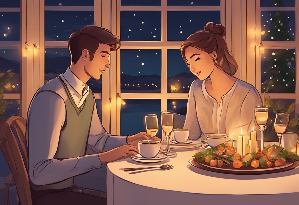 A cozy candlelit dinner for two, with a table set for romance. Soft music plays in the background as the couple enjoys each other's company