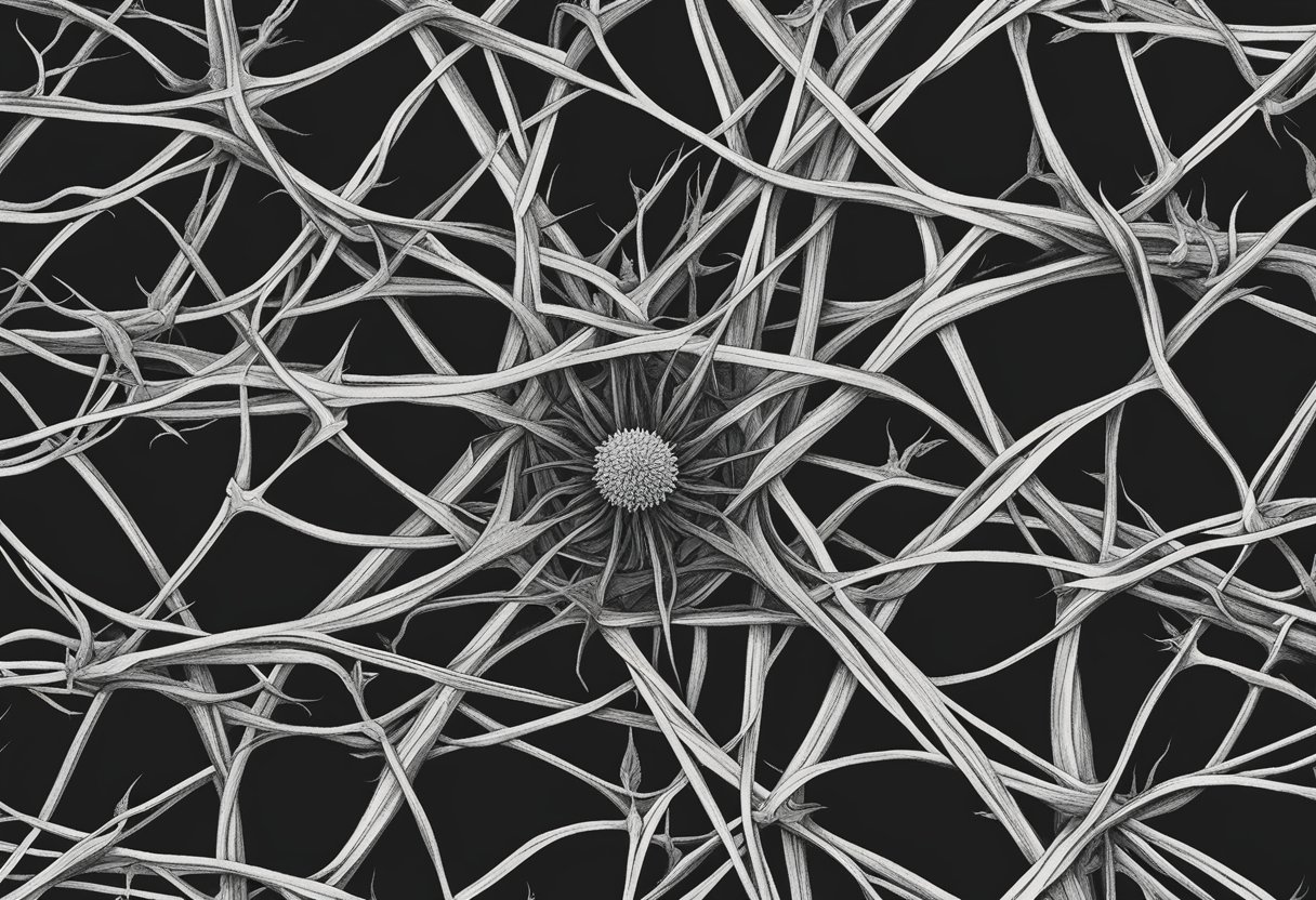 A dark, tangled web of thorny vines surrounds a wilting flower, symbolizing the suffocating and destructive nature of toxic relationships