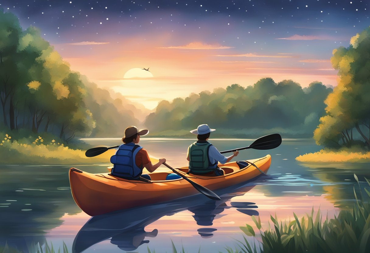 A couple kayaks down a serene river at sunset, surrounded by lush greenery and wildlife. They share a picnic on the riverbank under a starry sky