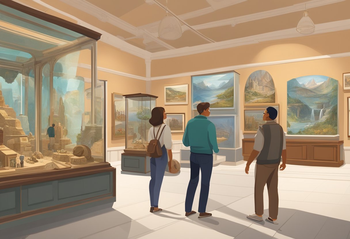 A couple explores a museum exhibit, surrounded by artifacts and educational displays. They engage in deep conversation, soaking in the cultural and historical experiences