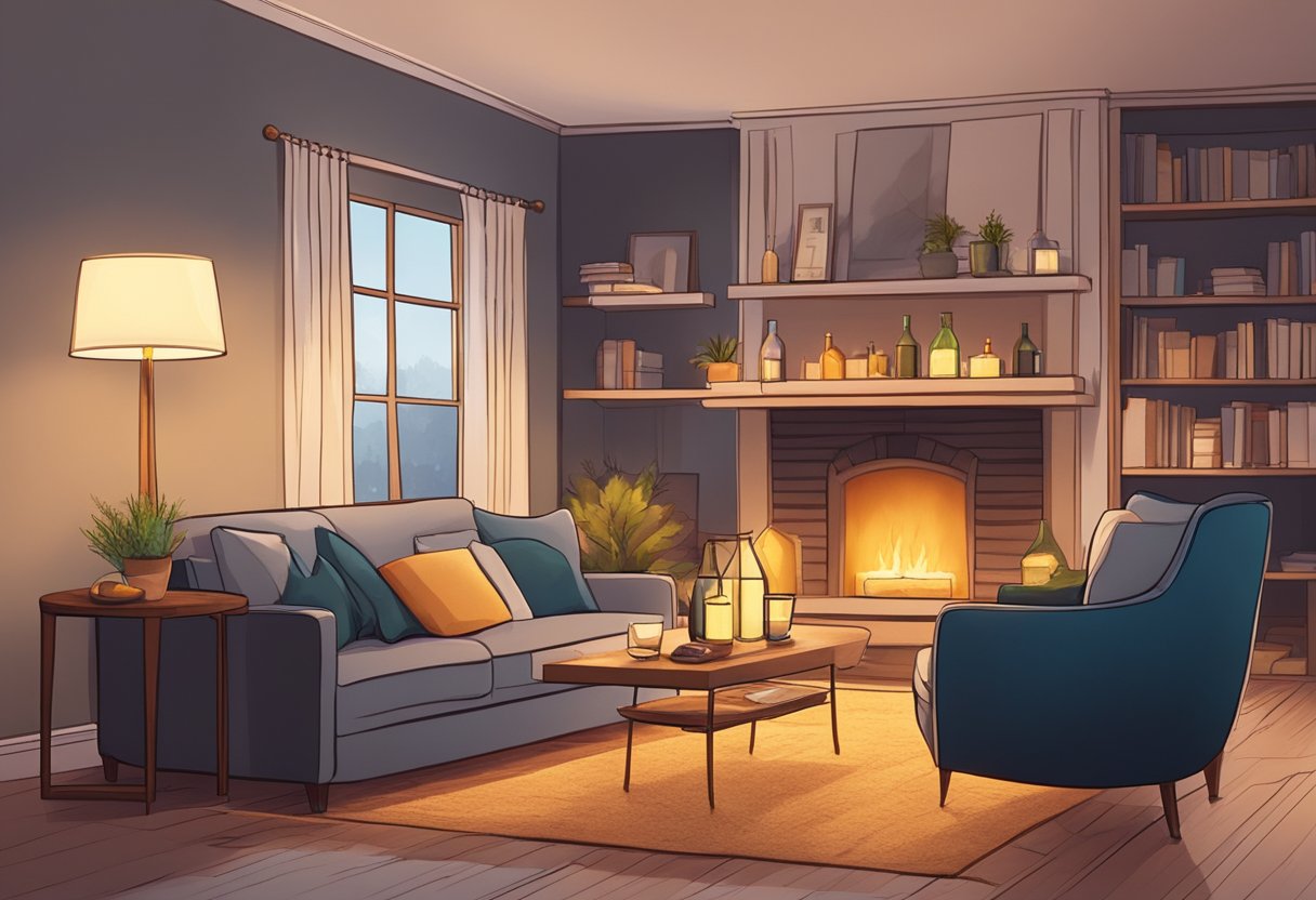 A cozy living room with soft lighting, a crackling fireplace, and a comfortable sofa for two. A bottle of wine and a cheese platter are set on a coffee table, while soft music plays in the background