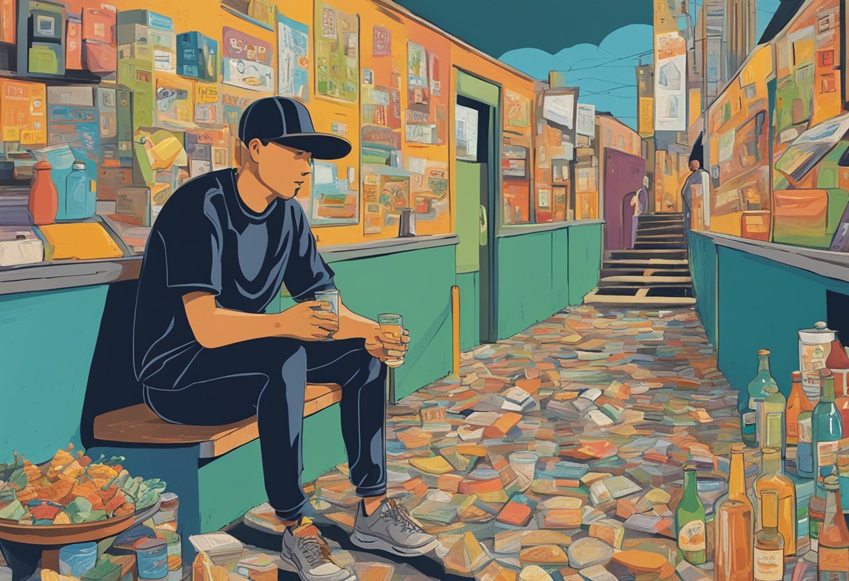 A person sits in front of two paths: one littered with alcohol, drugs, and junk food, the other with exercise, hobbies, and healthy food