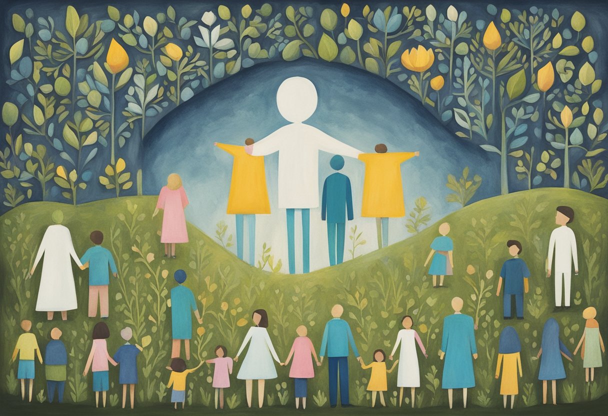 A person standing strong, surrounded by supportive friends and family, leaving behind toxic relationships and embracing a life beyond surviving cancer