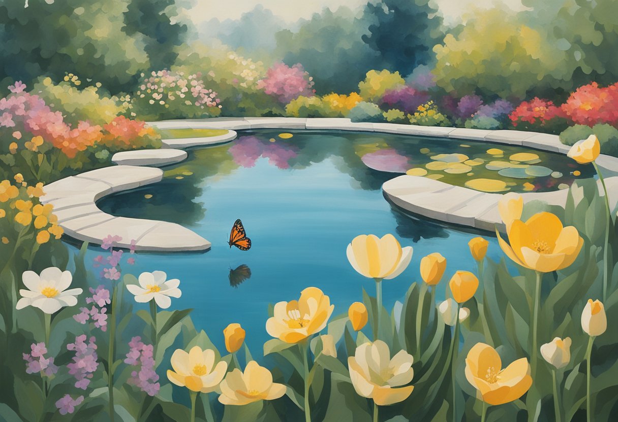 A serene garden with blooming flowers and a butterfly hovering over a tranquil pond