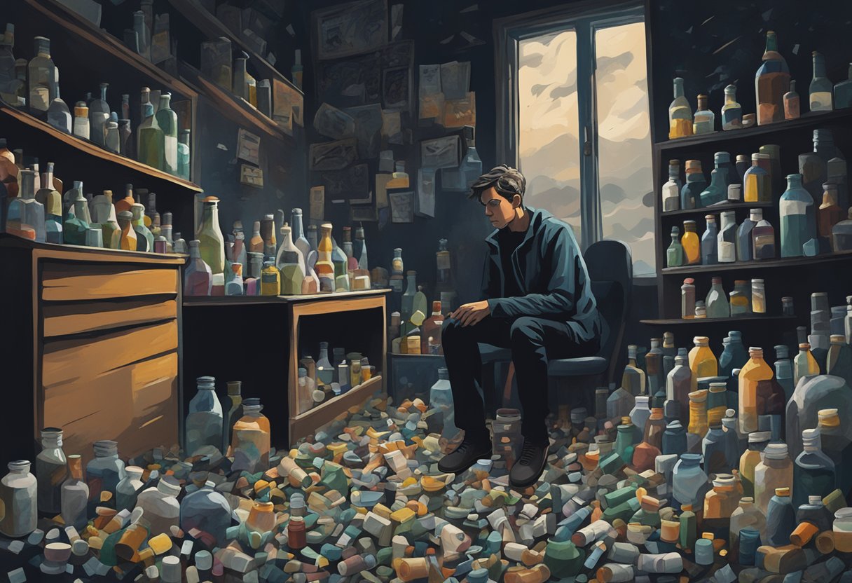 A dark stormy sky looms over a cluttered room with empty bottles and scattered pills. A person sits alone, surrounded by chaos, seeking solace in destructive habits