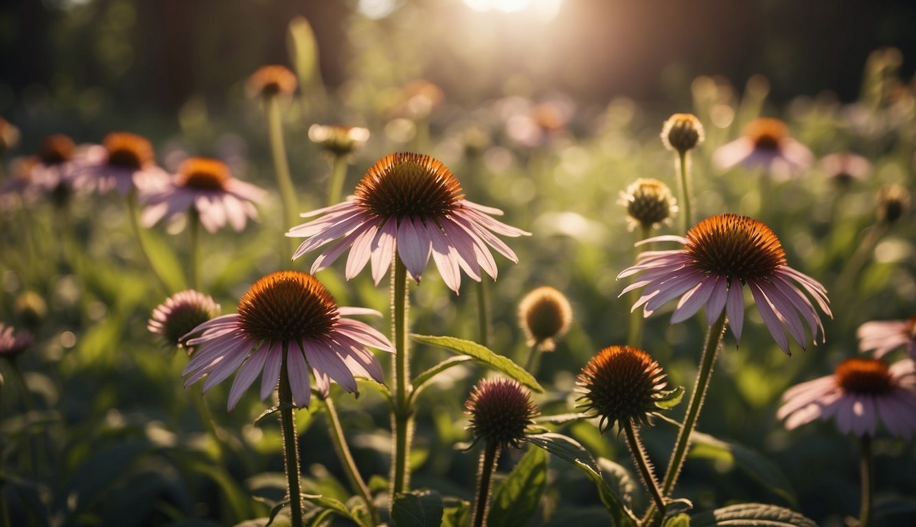 Echinacea plants grow in a wild, open field, surrounded by other native flora. The sun is shining, casting a warm glow on the vibrant purple petals and green leaves