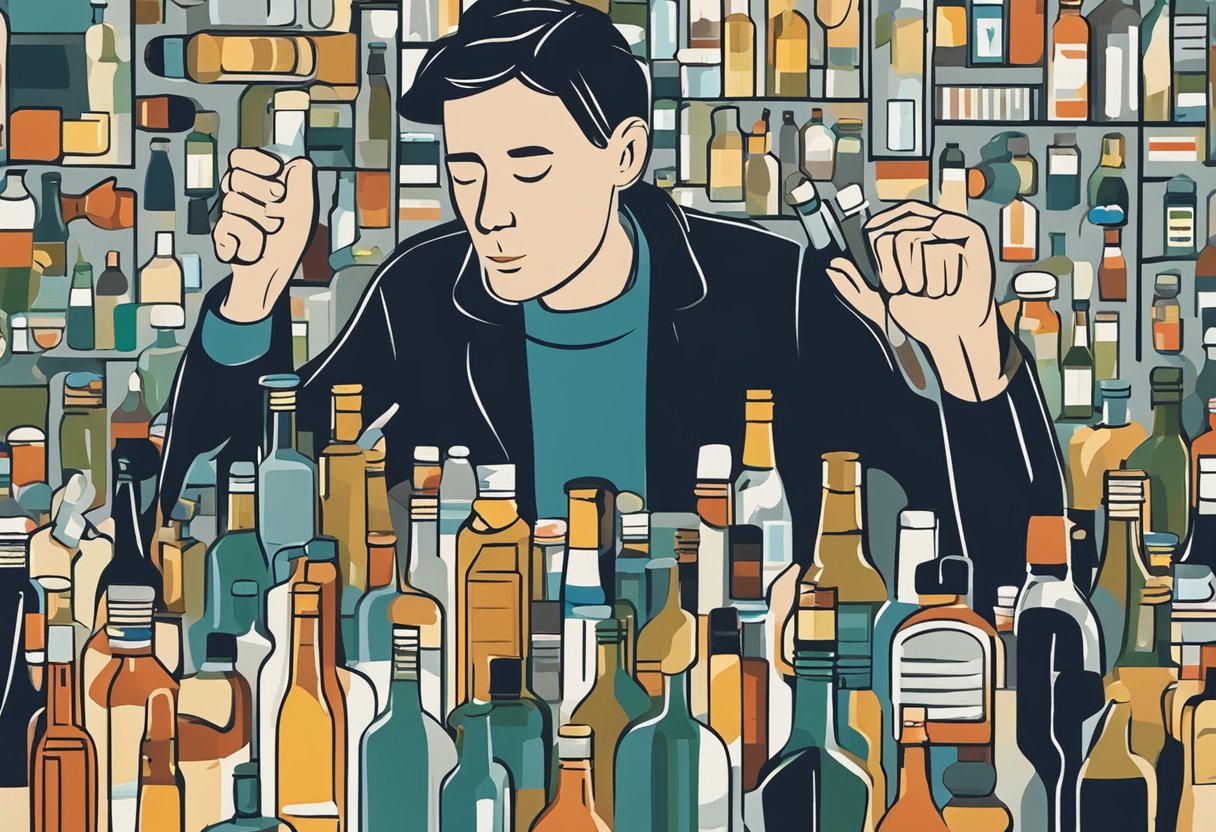 A person surrounded by alcohol bottles, cigarettes, and pills, with a therapist or support group offering guidance and support