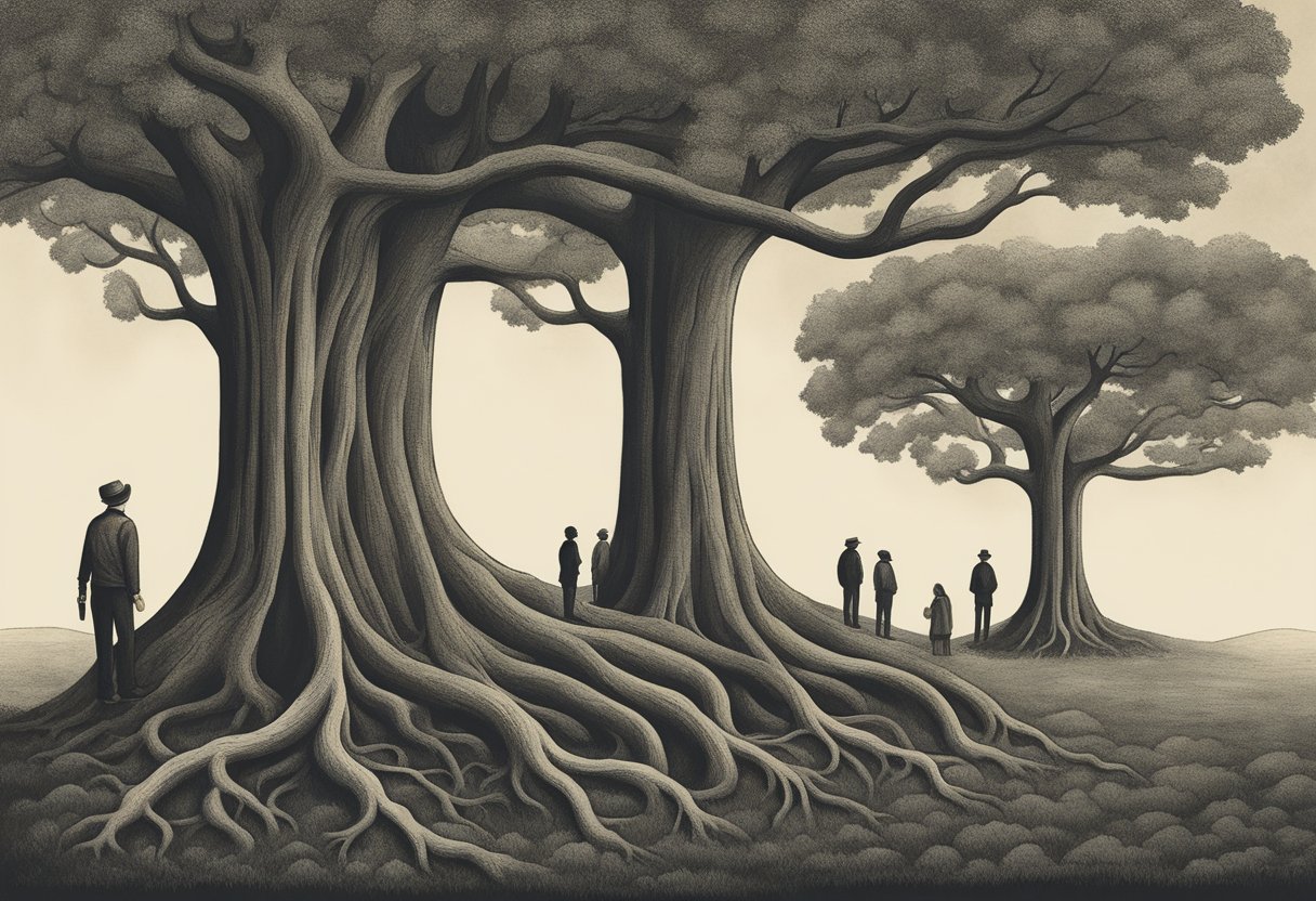 A group of sturdy trees standing tall, intertwined with their roots underground, providing stability and nourishment for each other