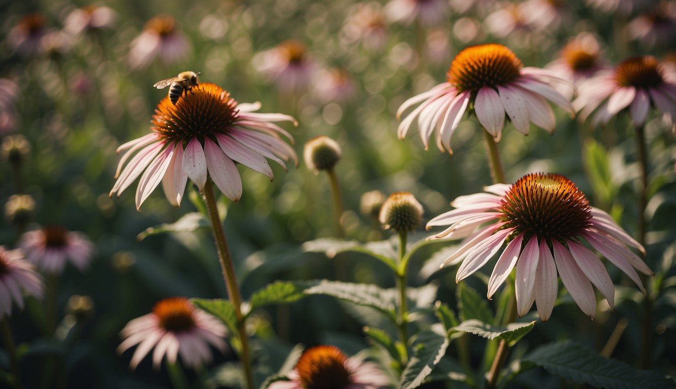 A vibrant field of echinacea flowers in full bloom, with bees buzzing around and a gentle breeze blowing through the scene