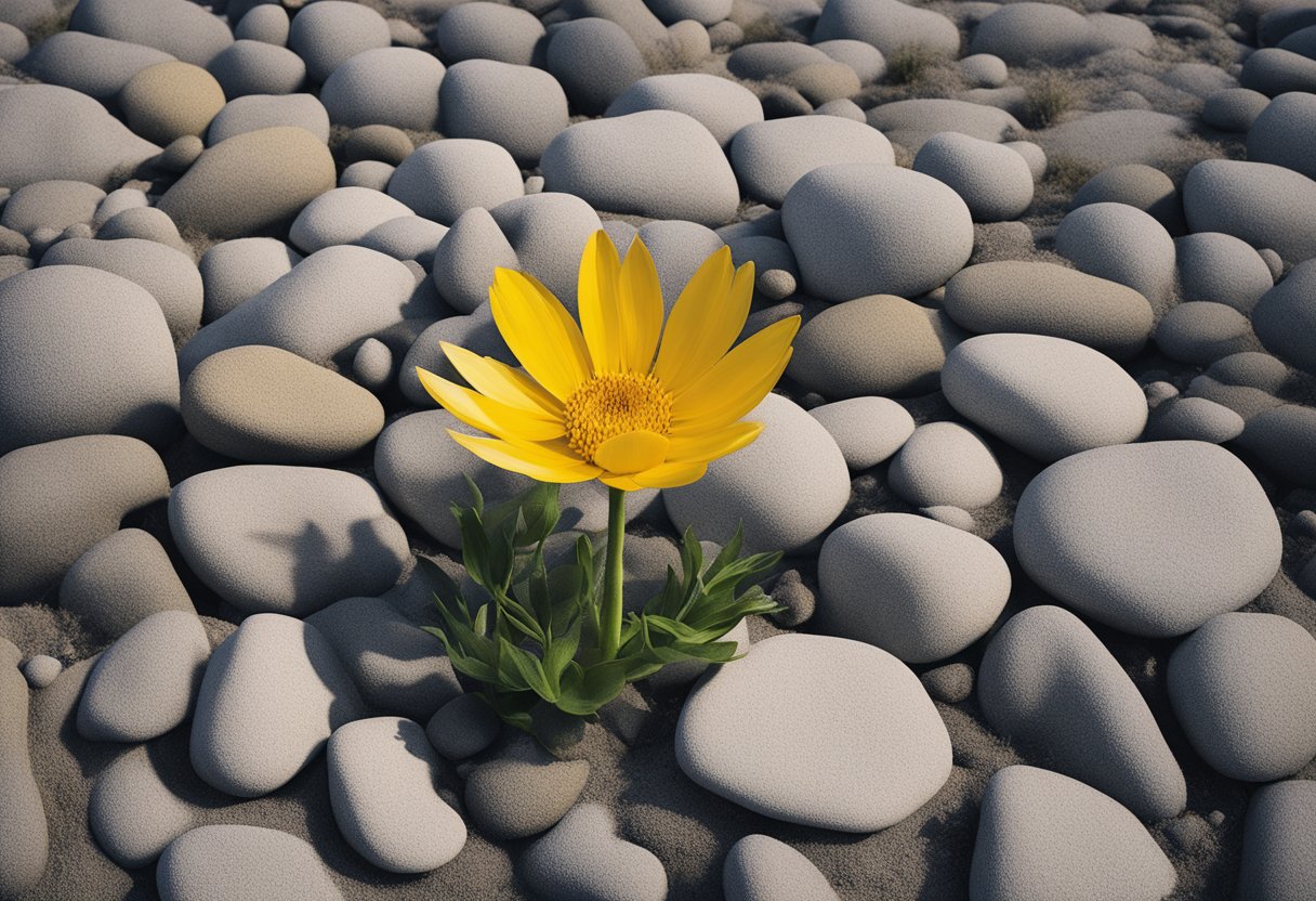 A vibrant flower blooms from a rocky, barren landscape, symbolizing the resilience and growth of a cancer thriver overcoming perfectionism
