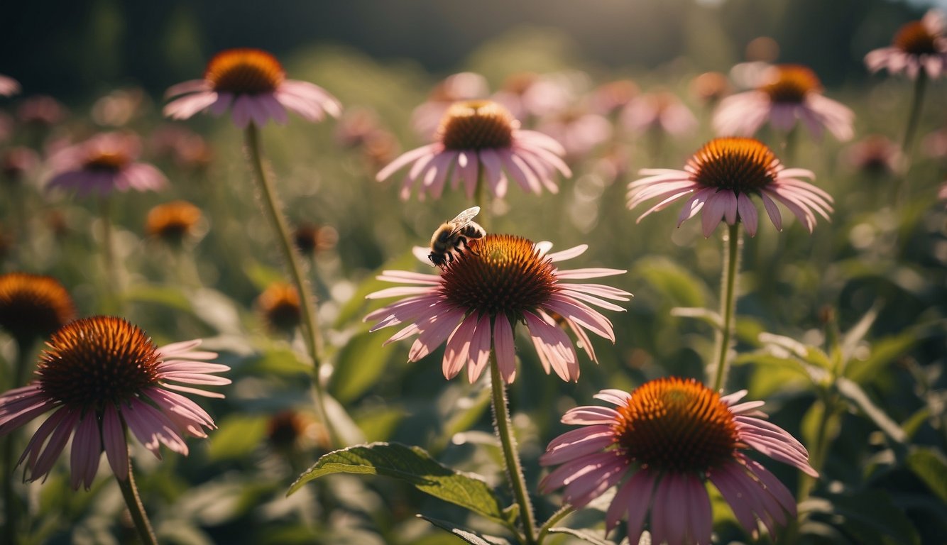 Echinacea plants in a sunny field, with bees hovering around the vibrant purple flowers
