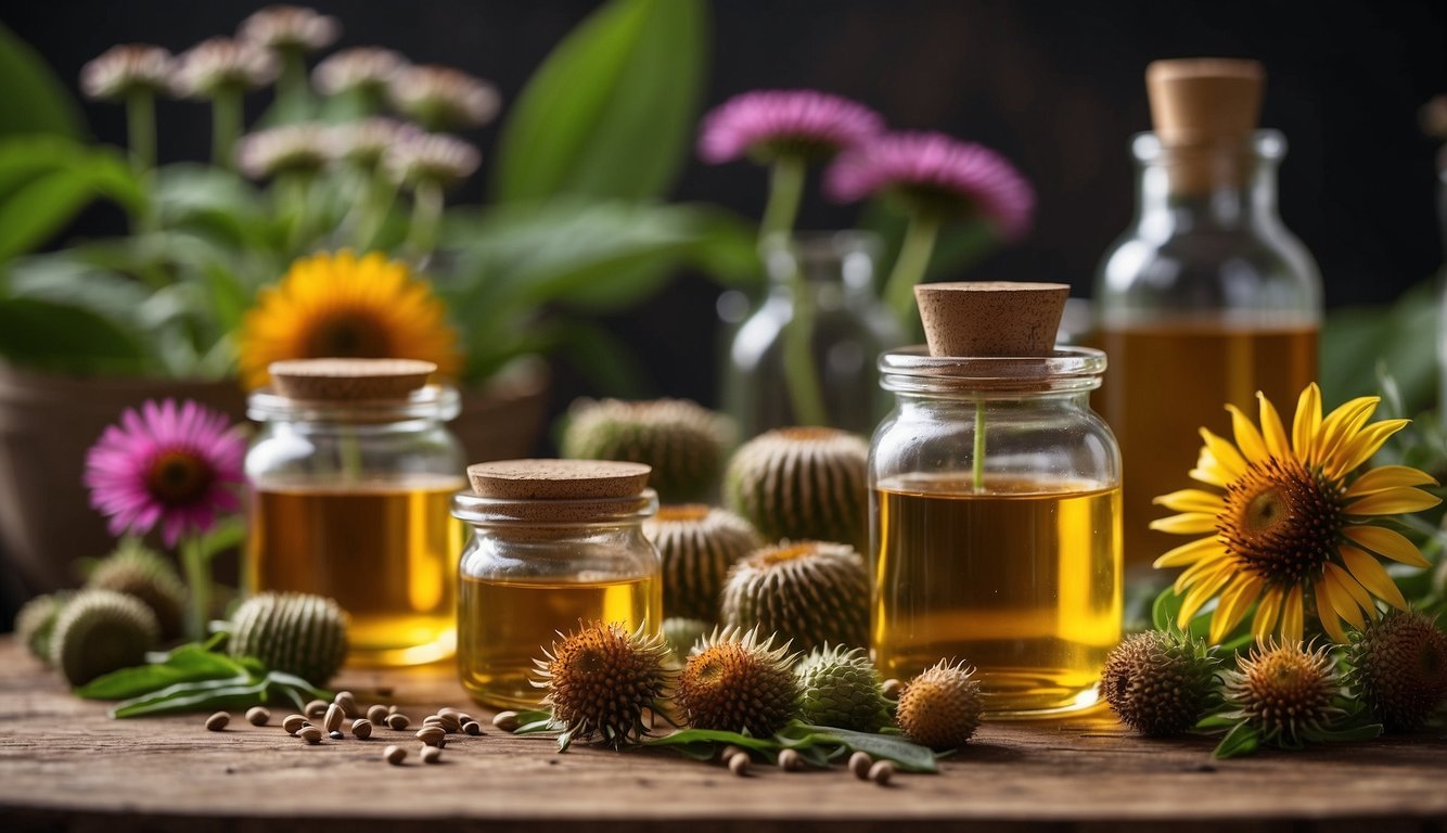 Echinacea plants in various forms and preparations, such as capsules, teas, and tinctures, displayed on a wooden table with herbal ingredients scattered around