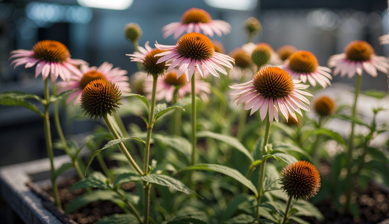 Echinacea plants and scientific studies displayed in a lab setting