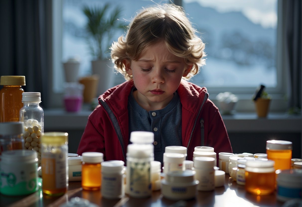 A child vomiting, surrounded by various medications and treatment methods. Extreme weather advice in the background