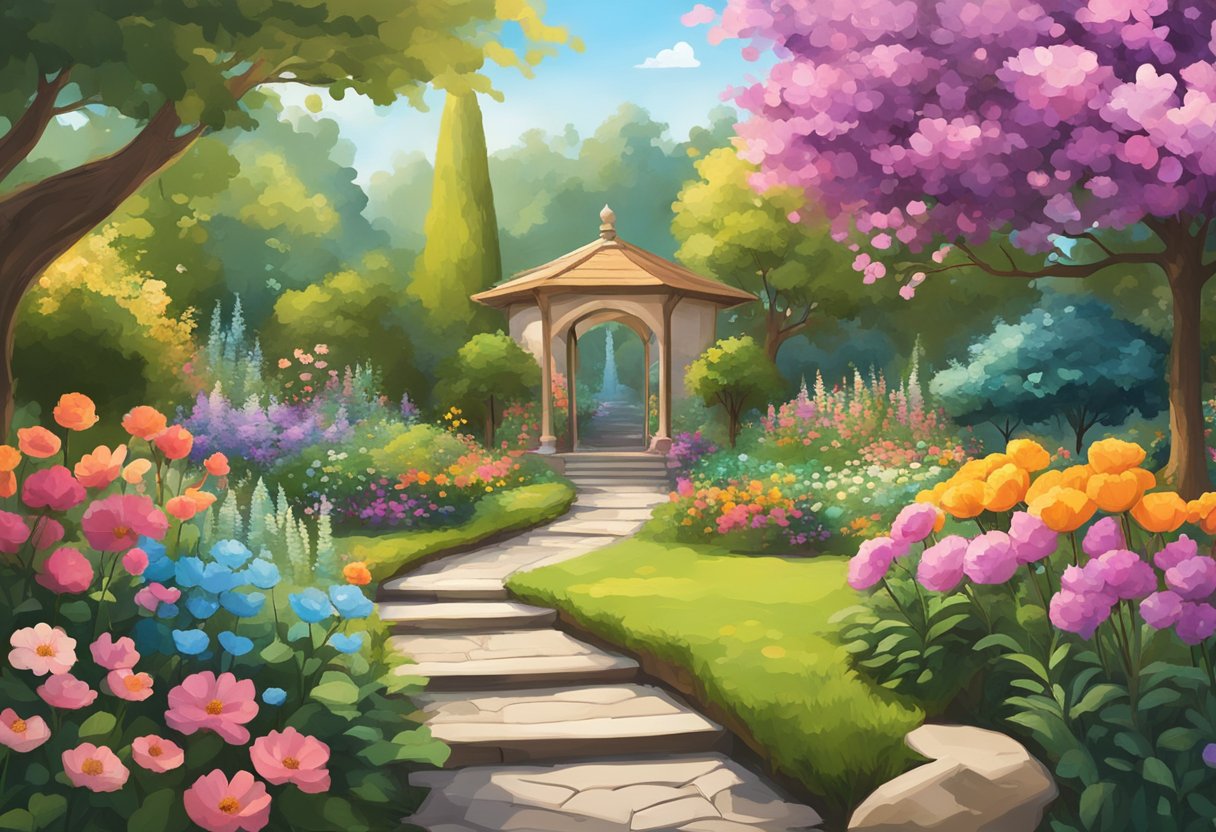 A serene garden with vibrant flowers and a peaceful atmosphere, symbolizing the journey to health and well-being in cancer recovery, free from toxic relationships