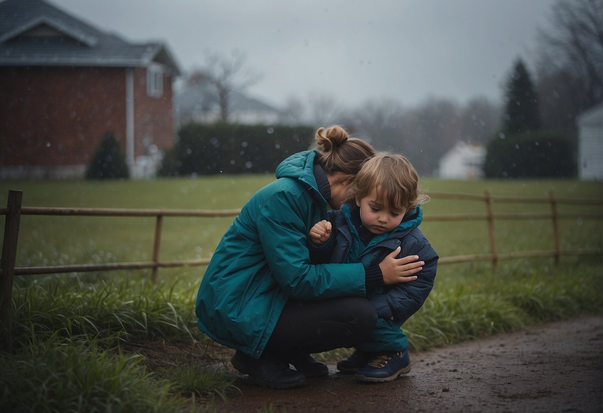 A child is vomiting, a parent is comforting them. In the background, extreme weather is evident