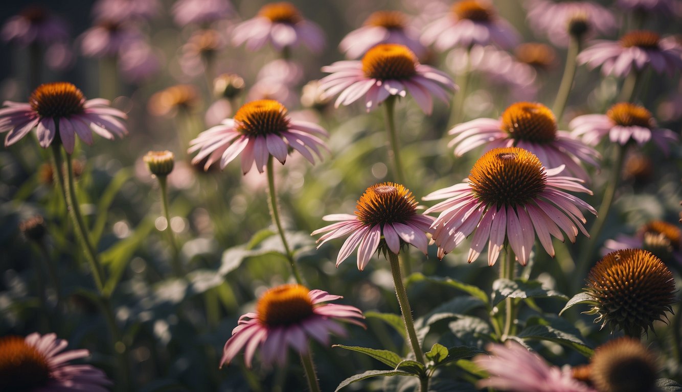 A field of vibrant purple echinacea flowers in full bloom, surrounded by buzzing bees and fluttering butterflies