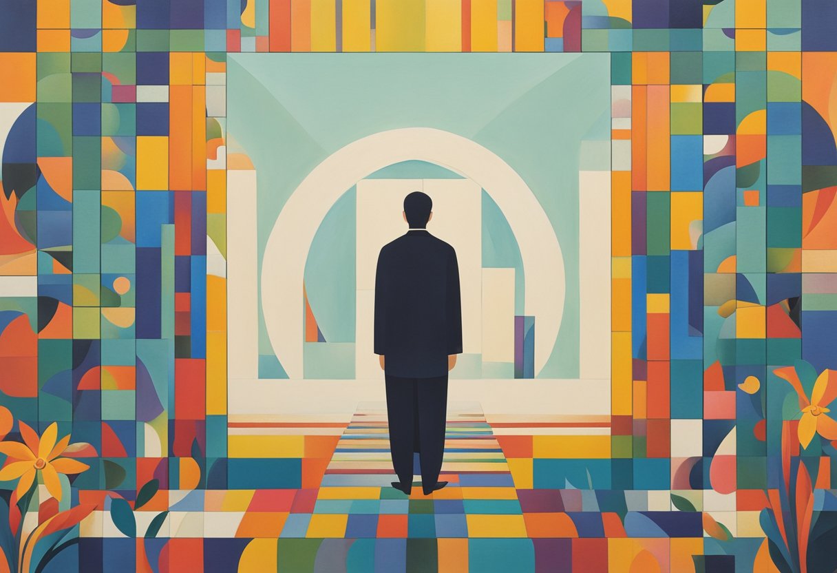 A solitary figure stands tall, surrounded by vibrant colors and blooming flowers, symbolizing resilience and growth