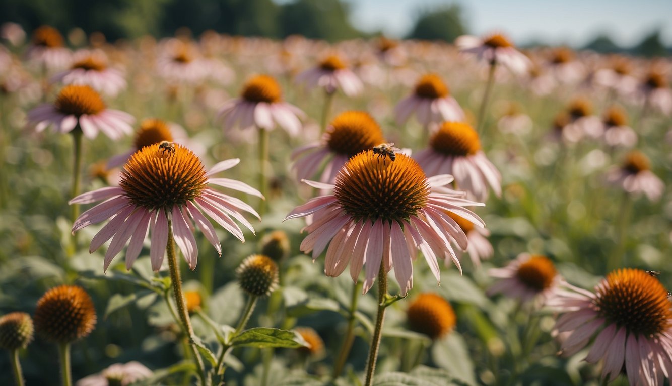 A vibrant field of blooming echinacea plants, with bees and butterflies hovering around, under a bright, sunny sky